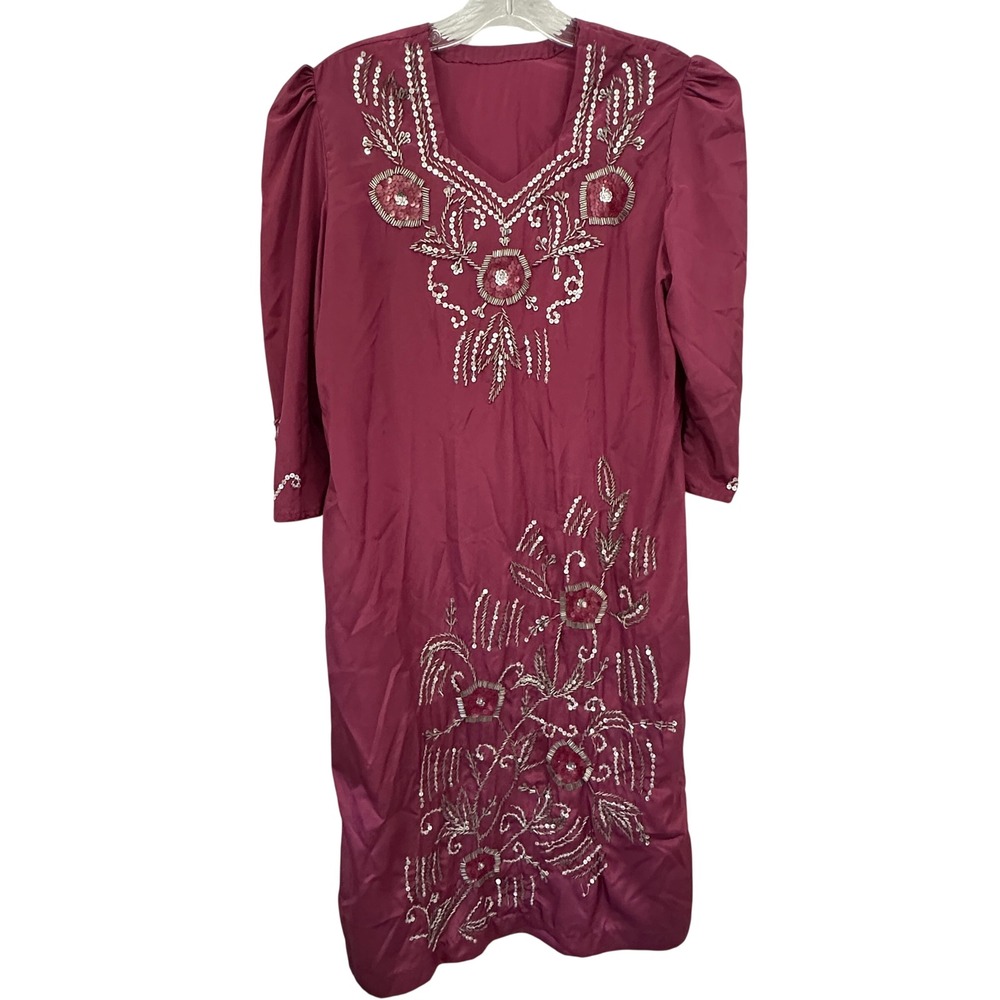 Vintage Beaded Kurta Tunic Dress Magenta Pink Satin Sequin Floral 80s 90s Indian